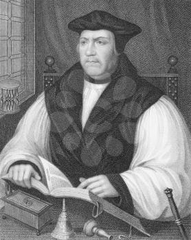 Royalty Free Photo of Matthew Parker (1504-1575) on engraving from the 1800s. Archbishop of Canterbury during 1559-1575. Engraved by W.Holl and published by the London Printing and Publishing Company.
