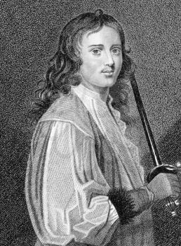 Royalty Free Photo of Michael Mohun (1616-1684) on engraving from the 1800s. Leading British actor both before and after the closing of the theatres during 1642-1660. Engraved by S.Harding and publish