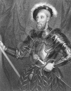 Royalty Free Photo of Nicholas Carew (1496-1539) with full jousting armour on engraving from the 1800s. English courtier and statesman during the reign of Henry VIII. Executed for his alleged part in 