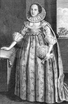 Catherine Knevet (1564-1633) on engraving from 1784. Countess of Suffolk, second wife of Thomas Howard, 1st Earl of Suffolk. Engraved for Walpoole's new complete British traveller.