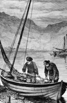 Fishing boats on engraving from 1800s.