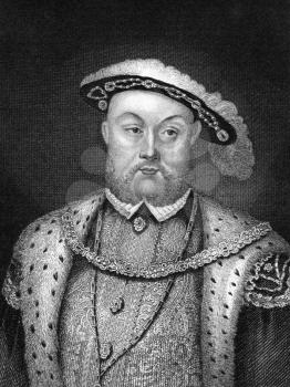 Henry VIII (1491-1547) on engraving from 1830.
King of England during 1509-1547. Published in London by Thomas Kelly.