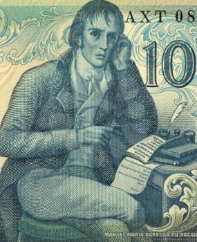 Manuel Maria Barbosa du Bocage (1765-1805) on 100 Escudos 1981 banknote from Portugal. Portuguese Neoclassic poet, writing under the pen name Elmano Sadino.