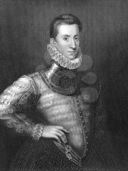 Sir Philip Sidney (1554-1586) on engraving from 1838. English poet, courtier and soldier. One of the most prominent figures of the Elizabethan Age. Engraved by H.Robinson and publised by J.F.Tallis, L