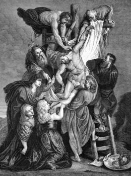 The descent of Jesus from the cross on engraving from 1840. Engraved after a painting by Rubens.