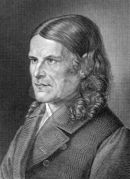 Friedrich Ruckert (1788-1866) on engraving from 1859. German poet, translator and professor of oriental languages. Engraved by C.Barth and published in Meyers Konversations-Lexikon, Germany,1859.