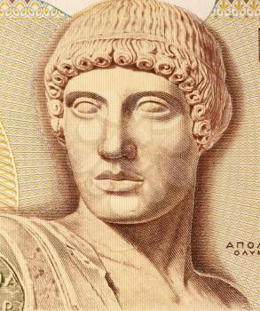 God Apollo on 1000 Drachmes 1987 Banknote from Greece. The god of light and the sun, truth and prophecy, medicine and healing, archery, music, poetry, arts and more.