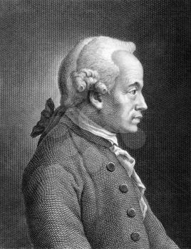Immanuel Kant (1724-1804) on engraving from 1859. German philosopher. Engraved by unknown artist and published in Meyers Konversations-Lexikon, Germany,1859.