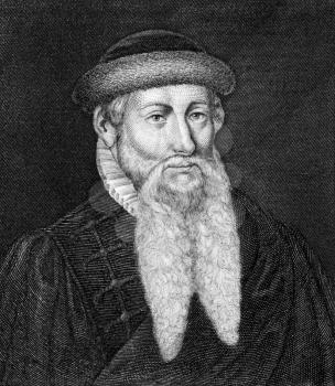 Johannes Gutenberg (1398-1468) on engraving from 1859. German blacksmith, goldsmith, printer, and publisher who introduced printing to Europe. Engraved by unknown artist and published in Meyers Konver