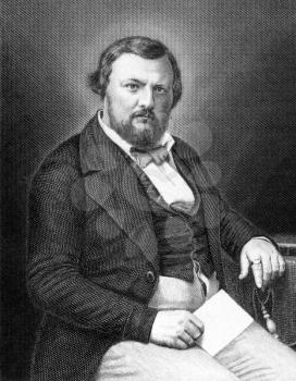 Karl Vogt (1817-1895) on engraving from 1859. German scientist. Engraved by T.Kuhner and published in Meyers Konversations-Lexikon, Germany,1859.
