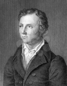 Ludwig Uhland (1787-1862) on engraving from 1859. German poet, philologist and literary historian. Engraved by J.Serz and published in Meyers Konversations-Lexikon, Germany,1859.