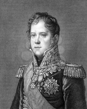 Michel Ney (1769-1815) on engraving from 1859. French soldier and military commander during the French Revolutionary Wars and the Napoleonic Wars. Engraved by unknown artist and published in Meyers Ko