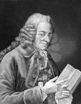 Voltaire (1694-1778) on engraving from 1859. French Enlightenment writer, historian and philosopher. Engraved by unknown artist and published in Meyers Konversations-Lexikon, Germany,1859.