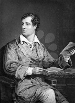Lord Byron (1788-1824) on engraving from 1873. One of the greatest British poets and leading figures in the Greek war of independence against the Ottoman Empire. Engraved by unknown artist and publish