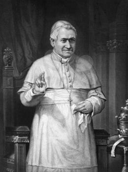 Pope Pius IX (1792-1878) on engraving from 1873. Born Giovanni Maria Mastai-Ferretti, was the longest reigning elected Pope in Church history during 1846-1878. Engraved by unknown artist and published