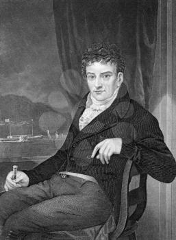 Robert Fulton (1765-1815) on engraving from 1873. American engineer and inventor widely known for developing the first commercially successful steamboat.Engraved by unknown artist and published in ''P