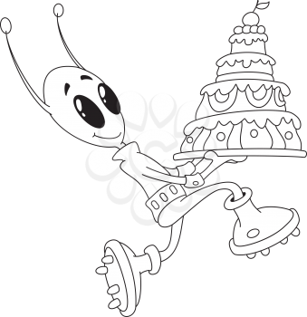 Royalty Free Clipart Image of an Alien Running With a Cake