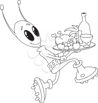 Royalty Free Clipart Image of an Alien With a Tray of Food