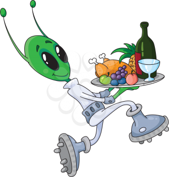Royalty Free Clipart Image of an Alien With a Tray of Food