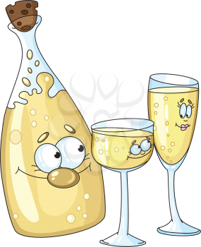 Royalty Free Clipart Image of a Champagne Bottle and Glasses
