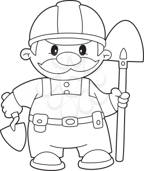 Royalty Free Clipart Image of a Builder With a Shovel and Trowel