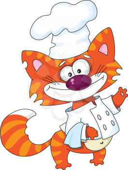 Royalty Free Clipart Image of a Cat Waiter in a Chef's Hat