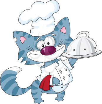 Royalty Free Clipart Image of a Cat Chef With a Serving Tray