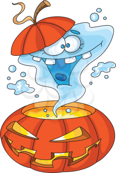 Royalty Free Clipart Image of a Ghost Coming Out of a Jack-o-Lantern