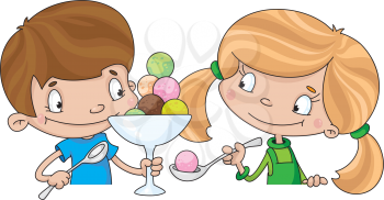 Royalty Free Clipart Image of a Boy and Girl Eating Ice-Cream