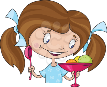 Royalty Free Clipart Image of a Little Girl With Ice-Cream in a Dish