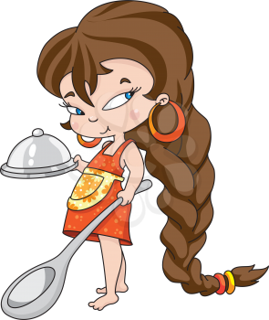 Royalty Free Clipart Image of a Girl With a Long Braid Holding a Tray and Spoon