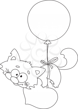Royalty Free Clipart Image of a Kitten Tied to a Balloon Holding a Heart