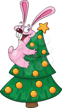Royalty Free Clipart Image of a Rabbit and a Christmas Tree
