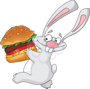 Royalty Free Clipart Image of a Rabbit With a Hamburger