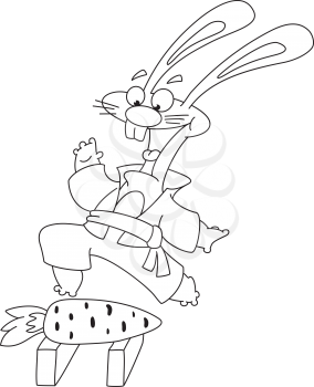 Royalty Free Clipart Image of a Rabbit Karate Kicking a Carrot