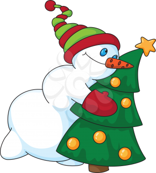 Royalty Free Clipart Image of a Snowman With a Christmas Tree
