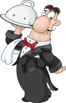 Royalty Free Clipart Image of a Waiter With a Domed Tray