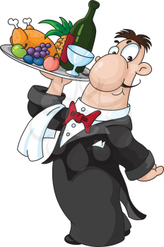 Royalty Free Clipart Image of a Waiter With a Tray of Food