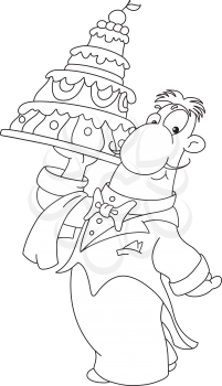 Royalty Free Clipart Image of a Waiter With a Cake