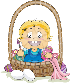 Royalty Free Clipart Image of a Baby Painting an Easter Egg