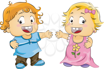 Royalty Free Clipart Image of a Little Boy and Little Girl With Their Hands Out Toward Each Other