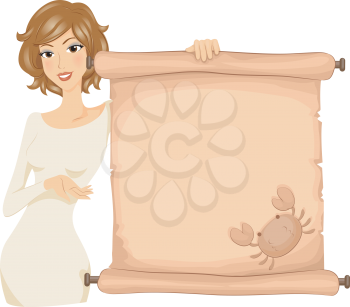 Royalty Free Clipart Image of a Girl Holding a Scroll With a Crab