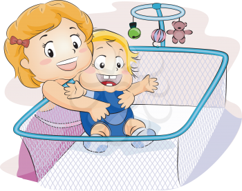 Royalty Free Clipart Image of a Little Girl Trying to Lift Her Baby Brother Out of a Playpen