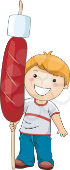 Royalty Free Clipart Image of a Boy With a Huge Hot Dog on a Stick and a Marshmallow