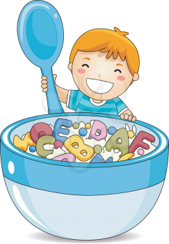 Royalty Free Clipart Image of a Boy Eating Alphabet Cereal