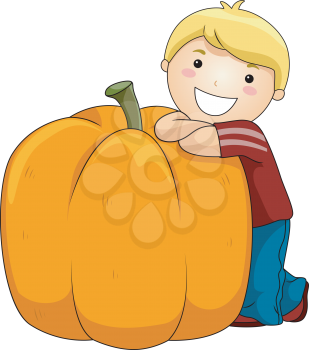 Royalty Free Clipart Image of a Boy With a Big Pumpkin