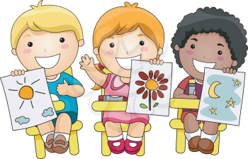 Royalty Free Clipart Image of Little Children at Their Desks Showing Pictures