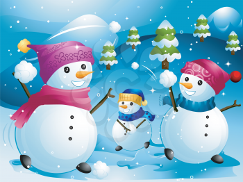 Royalty Free Clipart Image of Snowmen Having a Snowball Fight