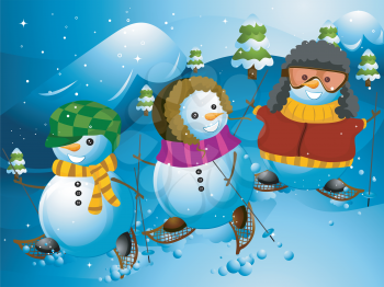 Royalty Free Clipart Image of Snowmen on Snowshoes