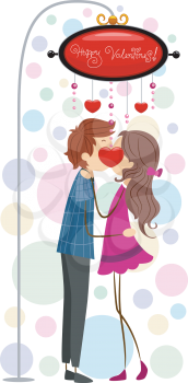 Royalty Free Clipart Image of a Couple Kisisng Under a Happy Valentine's Lamppost